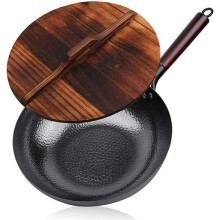 Steel Wok 32cm Flat Bottom Stir Fry Pan with Lid for Electric and Gas Stoves, Durable Kitchen Cookware