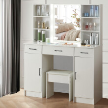 LED Lights Vanity Makeup Desk with Mirror 3 Drawers and Stool Set
