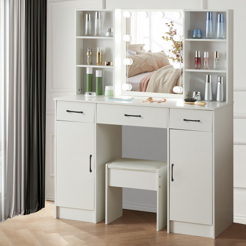 LED Lights Vanity Makeup Desk with Mirror 3 Drawers and Stool Set