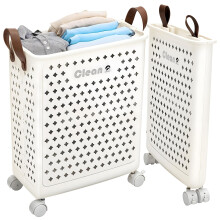 Collapsible Laundry Basket on Wheels for Kids, Slim White Plastic Rolling Hamper with Handles, Medium Capacity Foldable Design