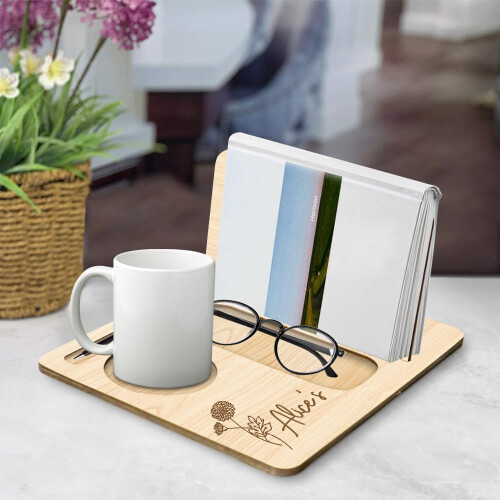 Personalized Birthflower Solid Oak Wooden Triangle Book Rest with Custom Text, Coffee Drink Holder, Style 3 1