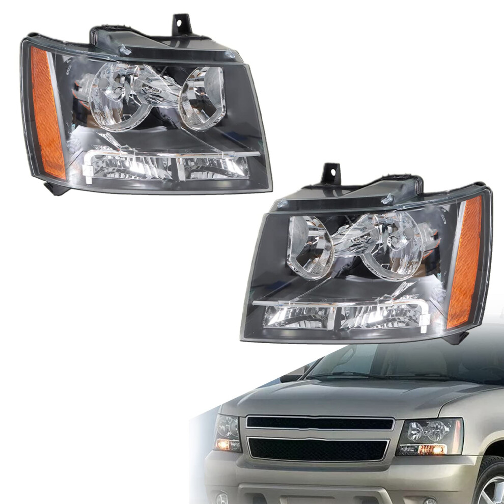 Halogen Headlight Assembly With Clear Lens And Corner For 2007-2014 Chevrolet Tahoe Suburban Avalanche Replacement Amber 6947110026657