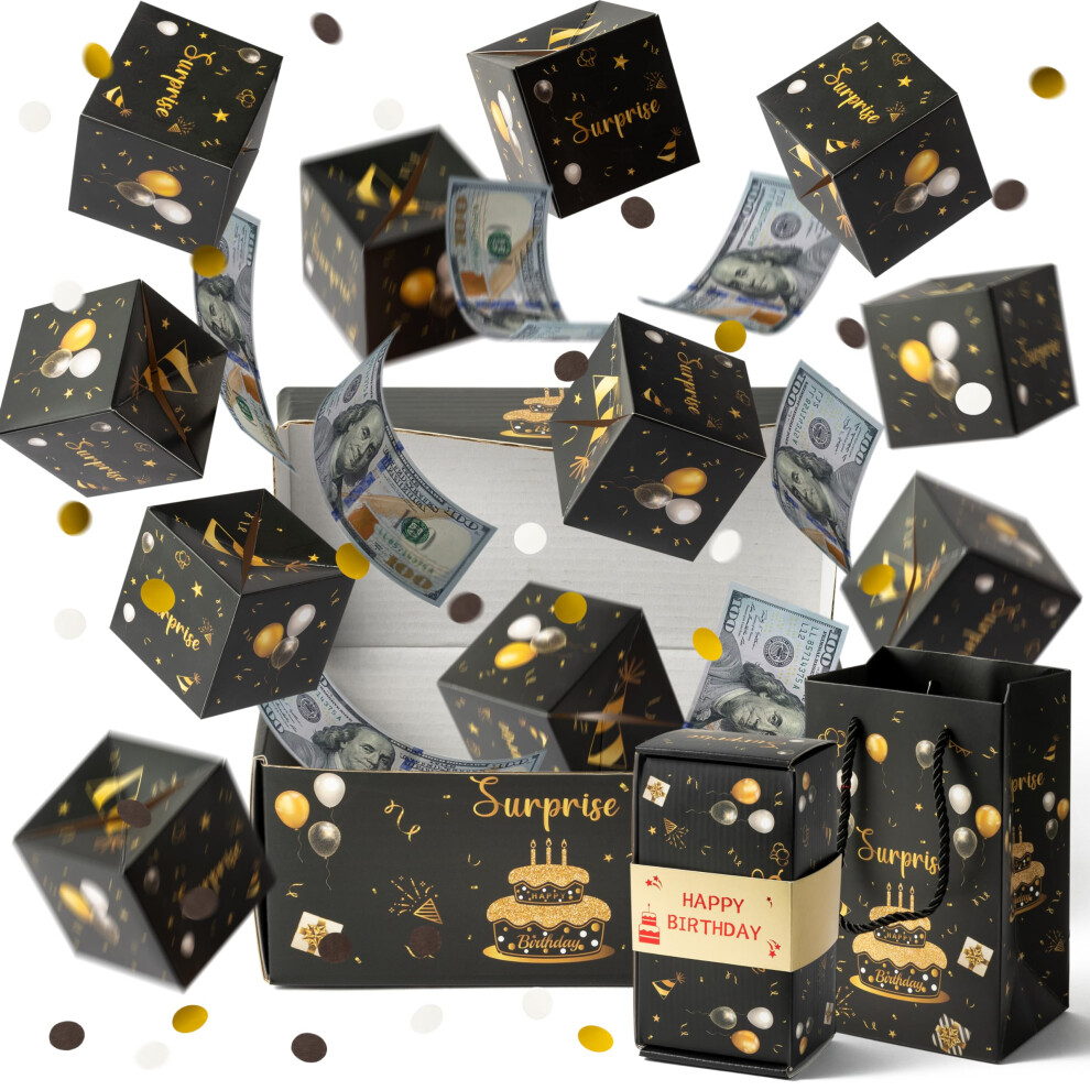 16pcs Birthday Surprise Gift Box Explosion for Money, Confetti Black Gold Cash Holder for Kids, Men, Women Birthday Party Supplies