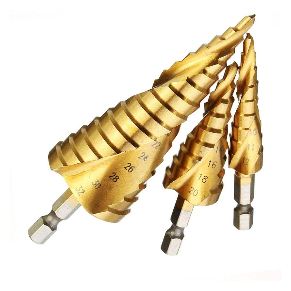 Hss Spiral Grooved Center Drill Bit Set 3Pcs 4-12/20/32Mm Solid Carbide Titanium Step Cone Drill Bit Accessories 6482260583105