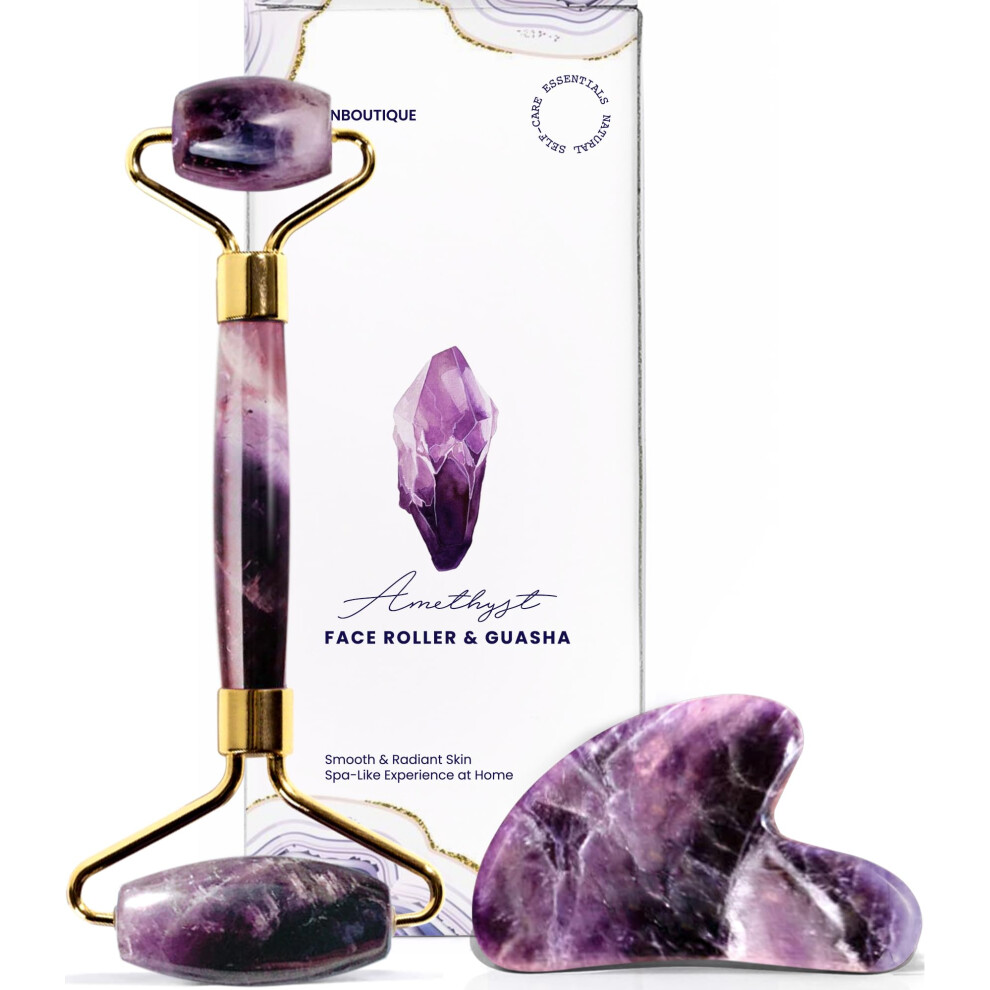 Gua Sha Facial Tools & Face Roller Set Amethyst Jade Roller for Anti-Aging Natural Skincare and Wrinkle Reduction