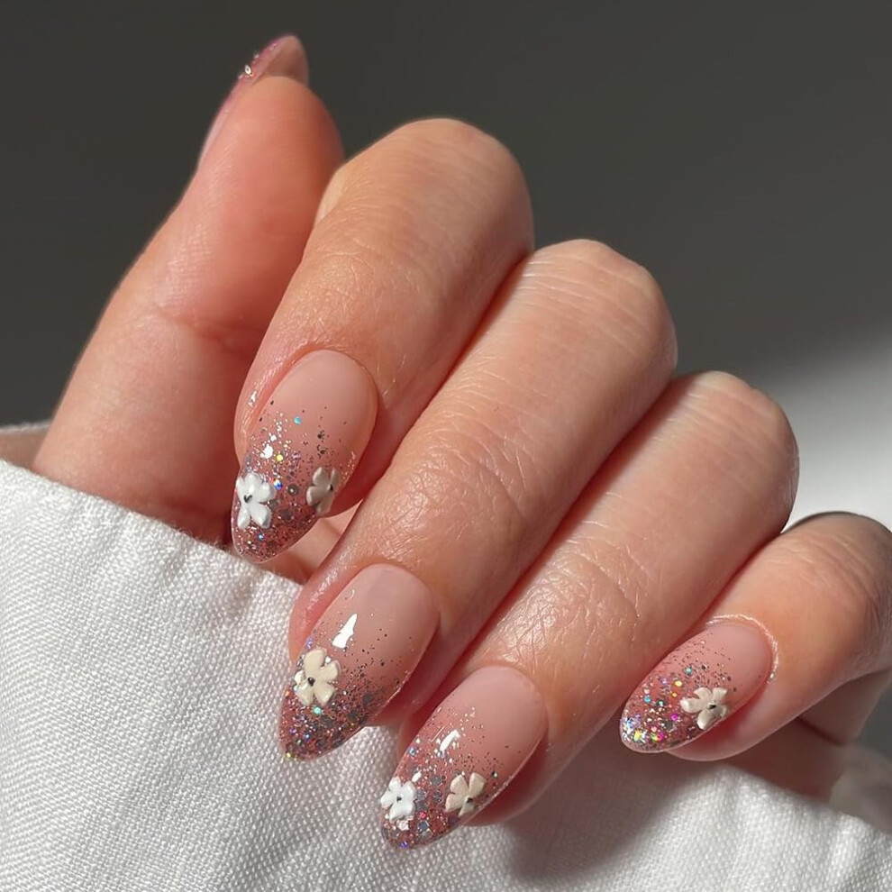 French Press On Nails Almond Shape, Medium Pink Glitter Flower Design, 24 Nails with Adhesive Tabs and Mini File