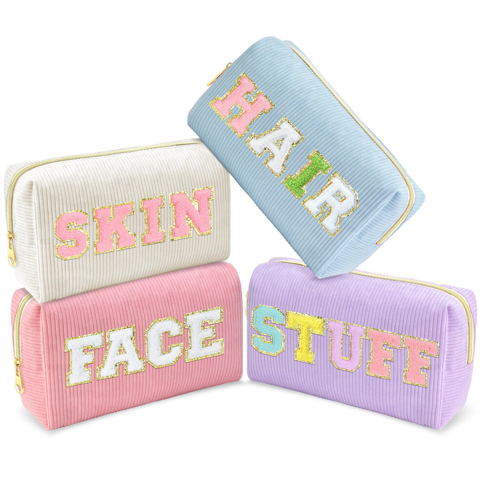 4Pcs Corduroy Preppy Travel Makeup Bag Set for Teen Girls, Cute Cosmetic and Toiletry Travel Essentials Pouch