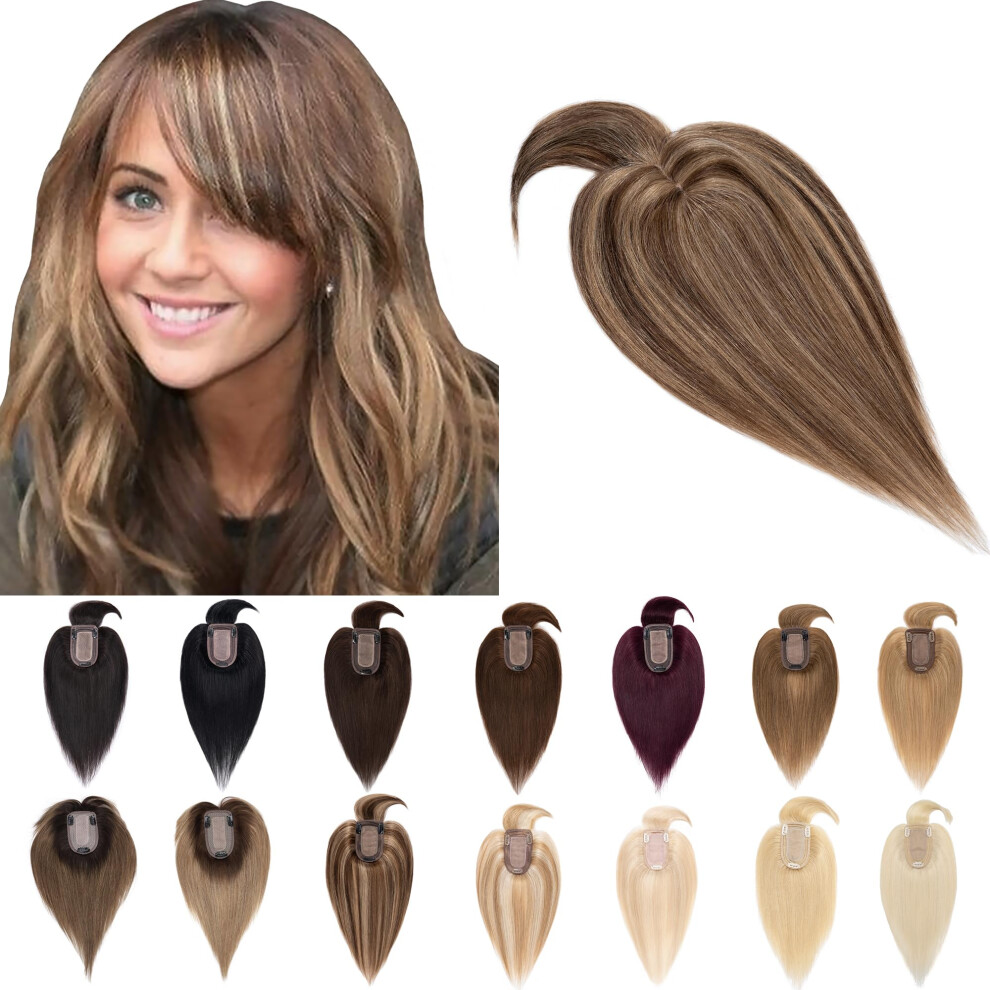 Unisex Brown Hair Toppers For Women Real Human Hair Clip In With Bangs 7X13cm Silk Base 100% Remy Medium And Dark Blonde Wiglet
