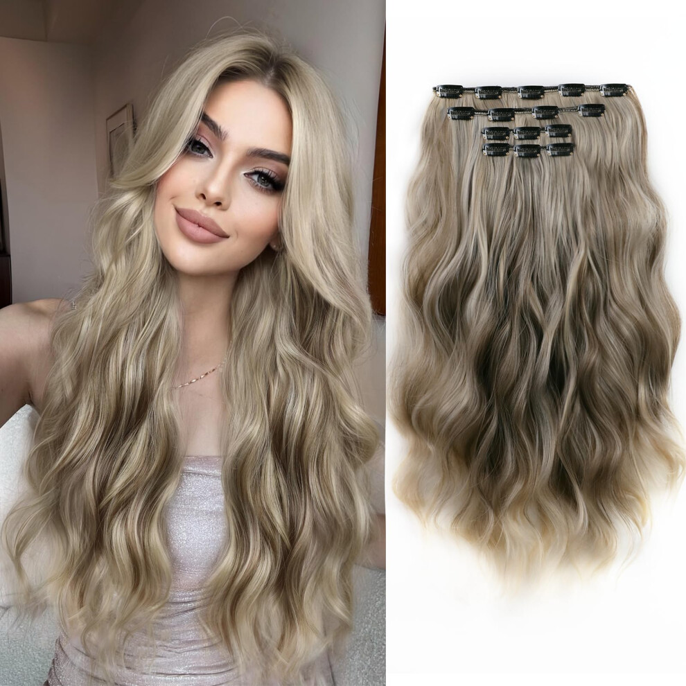 Unisex Brown Invisible Wavy Clip In Hair Extensions 22 Inch Synthetic Fiber Heat Resistant Ash Bleach Blonde 4Pcs For Daily Use
