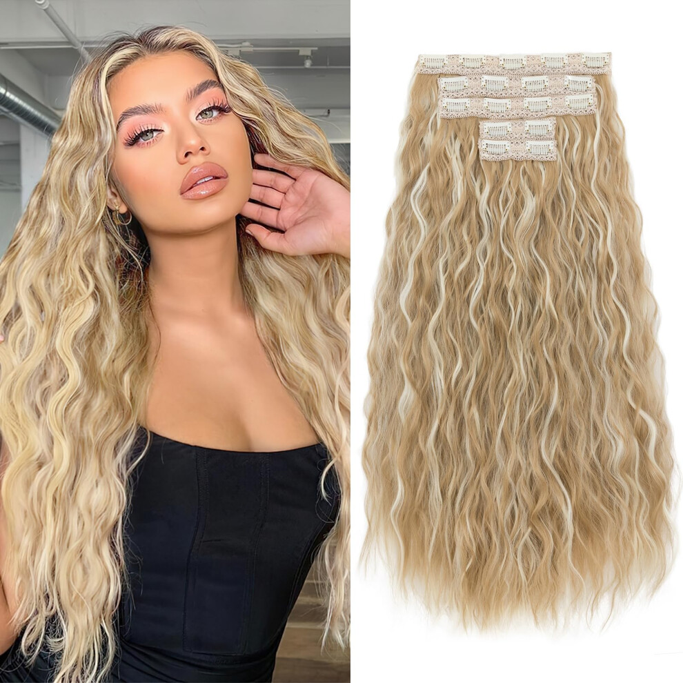 Clip In Hair Extensions Lace Weft 5PCS 24 Inch Thick Loose Waves Curly Synthetic Hairpieces for Women 24/26P613