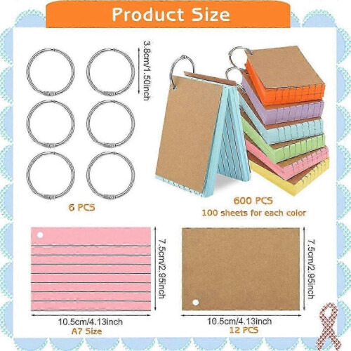 600 Pcs Index Cards with Ring, 3 X 4 Inch Colored A7 Colorful Flash Cards with Ring Underline Study 1