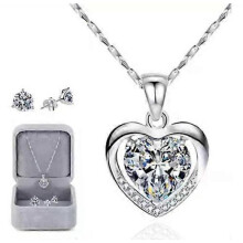 (Grey) 925 Silver Crystal Heart Pendant Necklace Ladies Set in Box