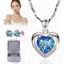 (Blue) 925 Silver Crystal Heart Pendant Necklace Ladies Set in Box