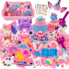 Unicorn Sensory Bin Toy for Kids, 3 Color Magic Sand Art Kit with Sandbox, 13 Castle Unicorn Molds and Stickers for Ages 3-8