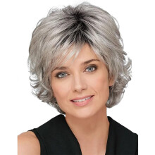 Fluffy Gray Women's Wig with Bangs - Heat-Resistant Fiber Natural Styling Wig for Middle-Aged and Elderly Women