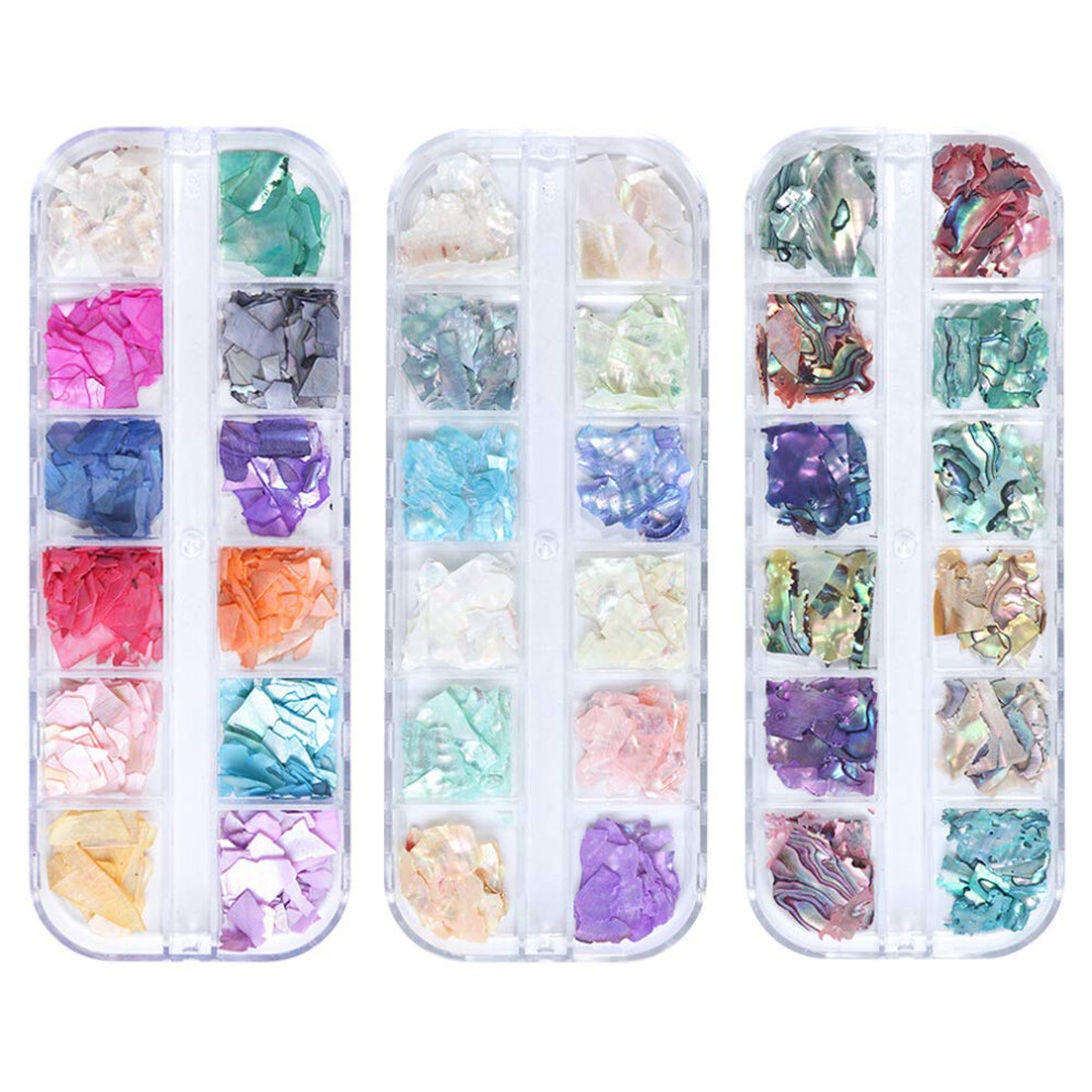 3 Boxes of 12 Colors Holographic Nail Art Shell Sequins Irregular Abalone Fragments for Professional Nail Design Accessories