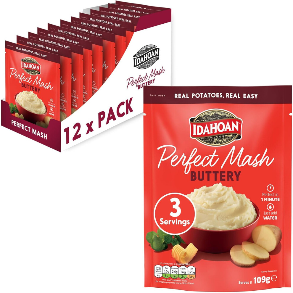 Idahoan Store Idahoan Buttery Instant Mash Potato 12 X 109G Single Pack, Potatoes, Gluten Free, Vegetarian, Cooks In 1 Minute