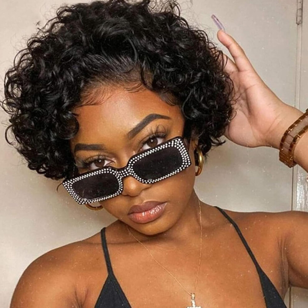 Unisex Black Short Curly Virgin Human Hair Wigs Pixie Cut For Women 13X1 Hd Lace Front Glueless 150% Density Pre Plucked