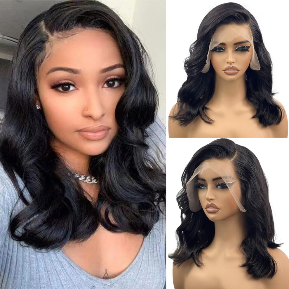 Unisex Black 13X4 Inch Short Wavy Brazilian Virgin Lace Front Wig 16 Inch For Women - 180% Density Body Wave Glueless Human Hair