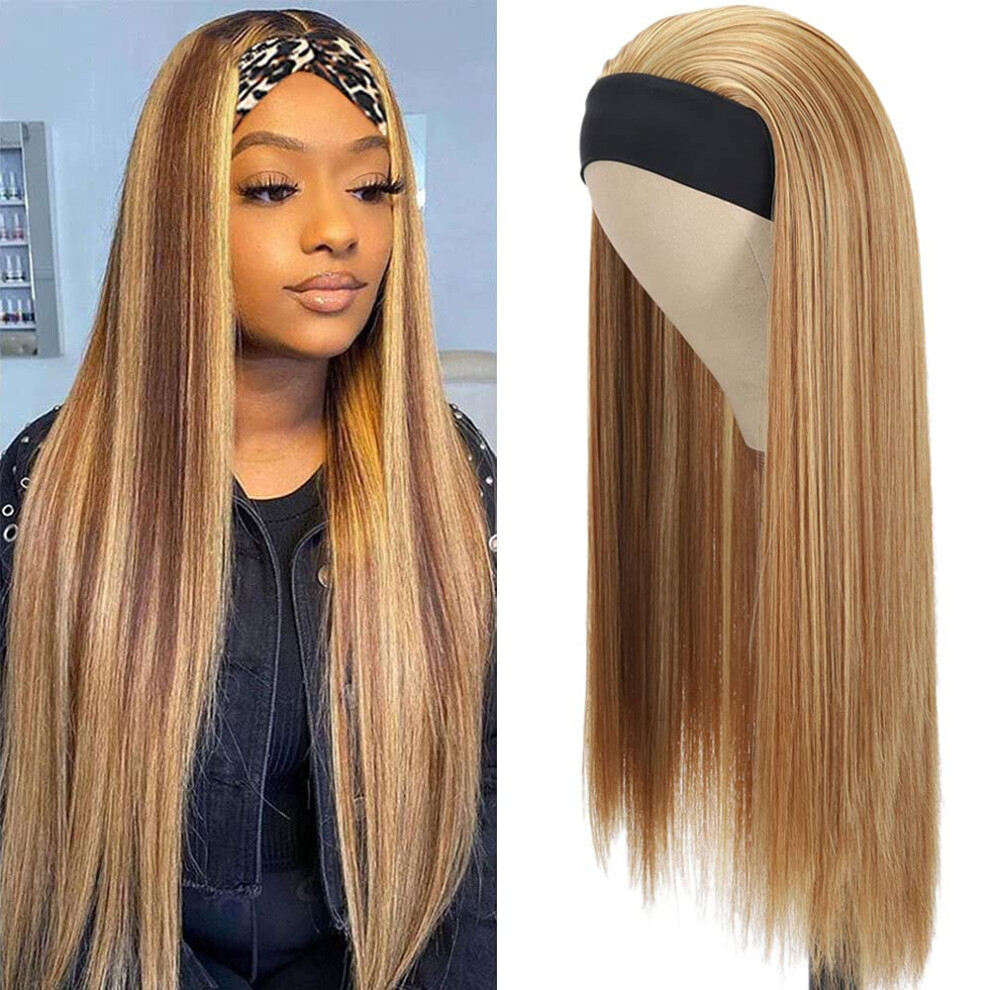 Unisex Black Synthetic Headband Wig Honey Blonde Straight 30 Inch Heat Resistant Fiber Highlight Wig For Daily Wear And Parties