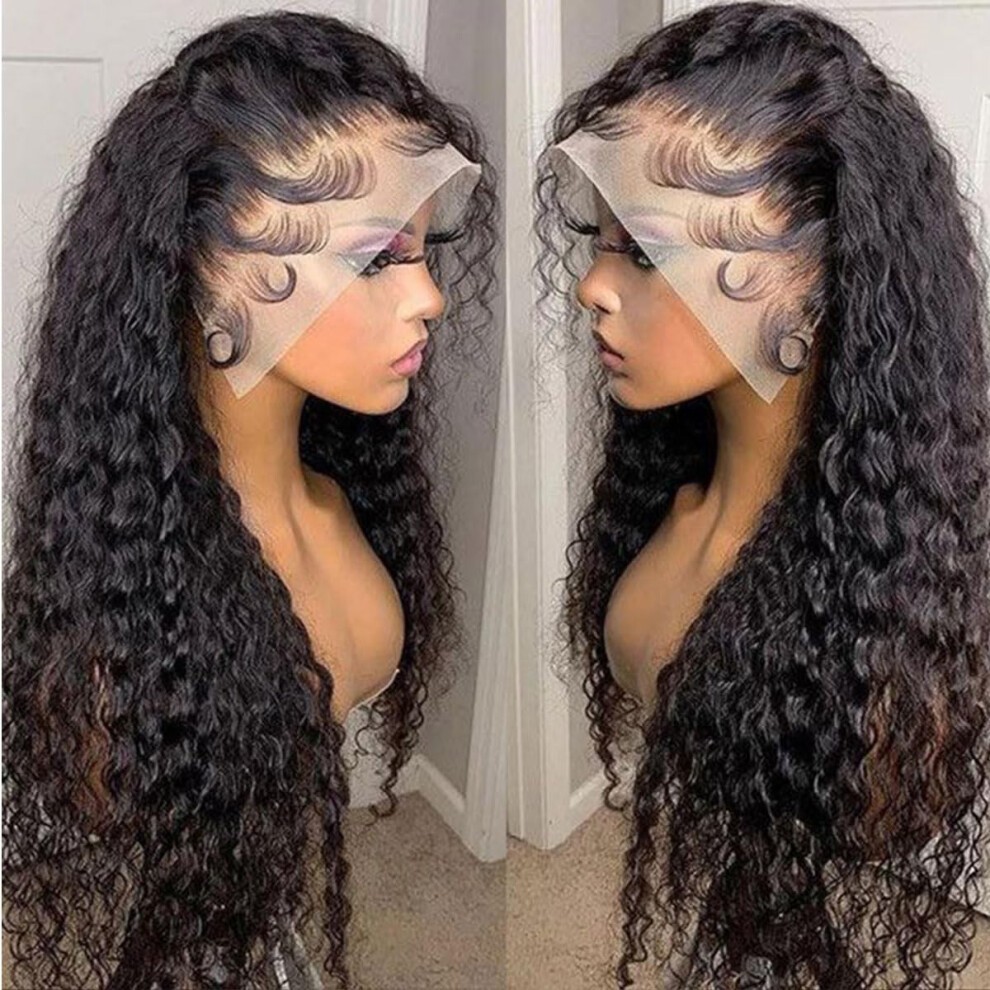 13x6 Deep Wave Lace Front Wig Human Hair 200% Density 18 Inch Pre Plucked HD Transparent Frontal Glueless Deep Curly Wigs