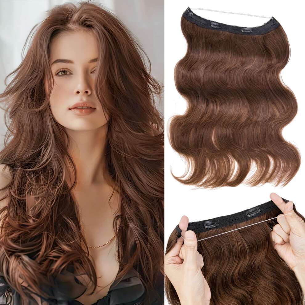 Unisex Brown Halo Hair Extensions Real Human Hair Wavy 20 Inch 70G Medium Clip-In Extensions For Women