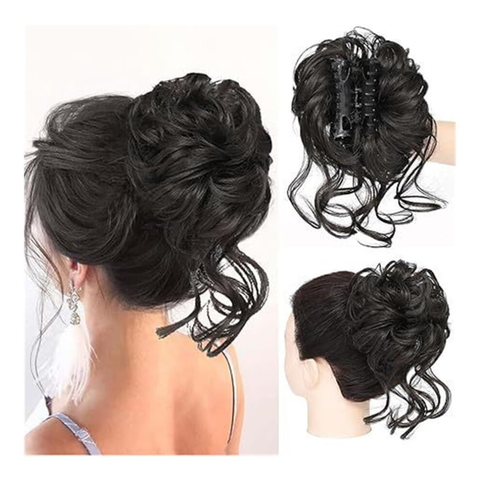 Bun Wig, Black Long Beard Hair Bun Clip, Fluffy Messy Bun Hair Ring for Bride, Chicken Tail Hair Accessory