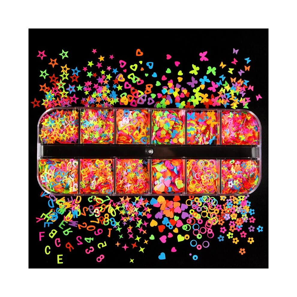 Nail Glitter Sequins 3D Art Set Fluorescent Neon Star Flower Decals for Acrylic Nails and Nail Art Crafts