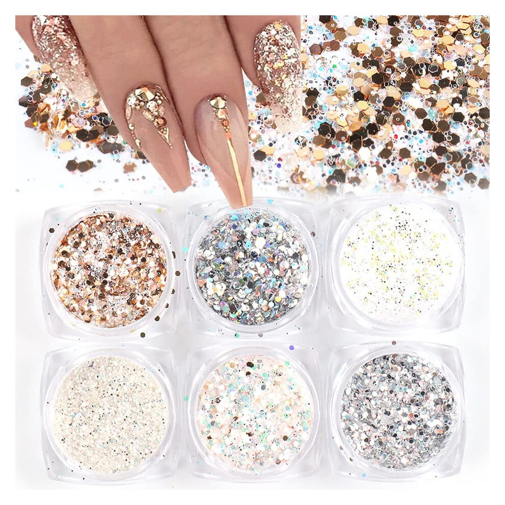 Silver 6Pc Glitter For Nails Mixed Hexagon Sequin Champagne Laser Nail Art Flakes Paillette Manicure Supplies La1539-27
