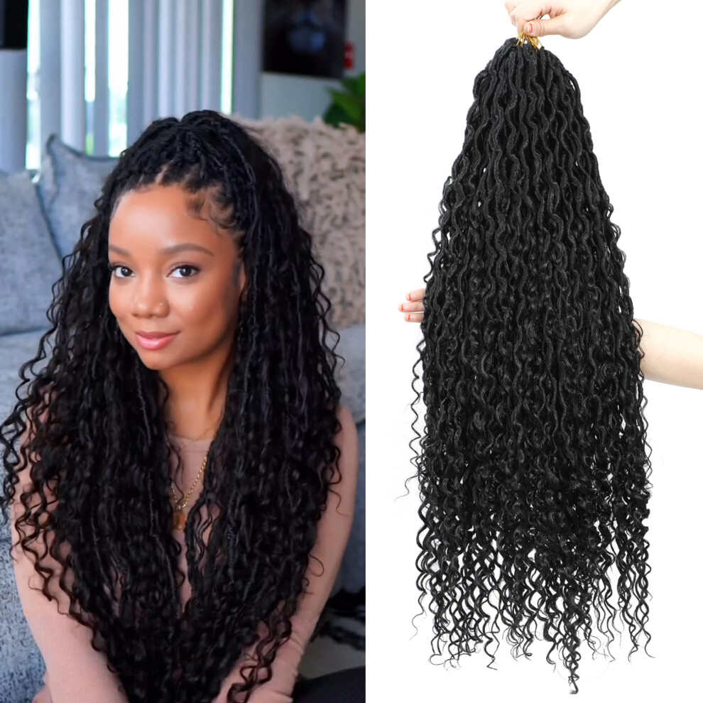 Unisex Goddess Locs Crochet Hair 30 Inch Long River Faux Locs Braids Curly Ends Synthetic Hair Extensions 6 Packs 1B#