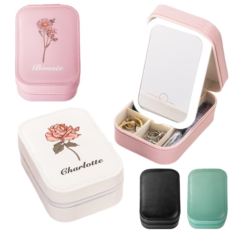 Light Custom Name Travel Makeup Case With Led Mirror, Personalized Birth Flower Small Makeup Box, 3 Color -Up Portable Makeup Organizer