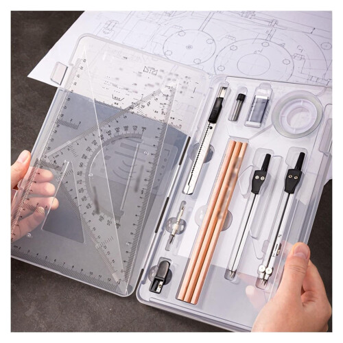 16-Piece Compass Set for Geometry with Protractor, Ruler, Lead Refills, Eraser – Math Tool Kit for School and Office Use