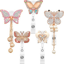5 Pieces Rhinestone Retractable Badge Holder Reel for Nurses and Teachers, Cute Handmade Bling Animal Design, Butterfly Style