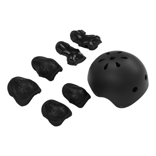 Juego de 7 piezas para niños: casco, rodilleras y coderas - negro