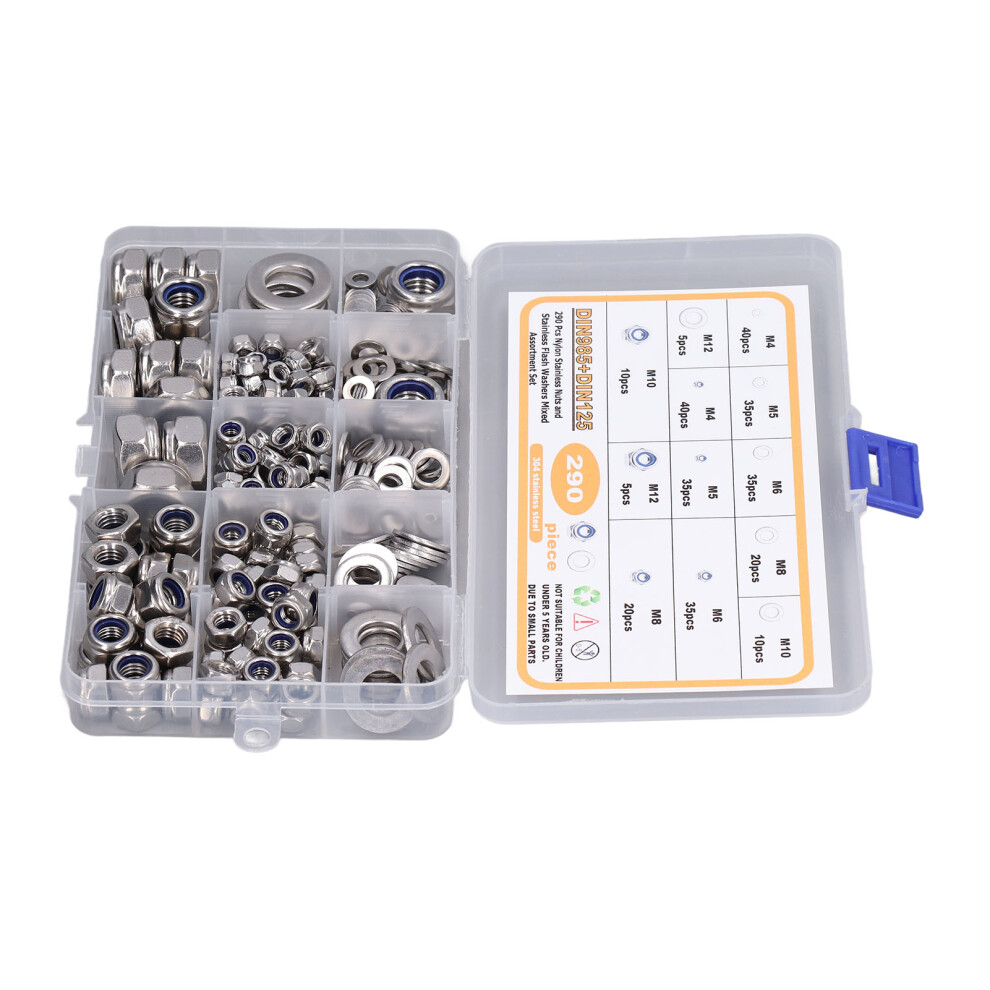 Durable 304 Stainless Steel Washers & Nylon Nuts Kit 290PCS M4-M12-image-OPC-PJK98GY-NEW