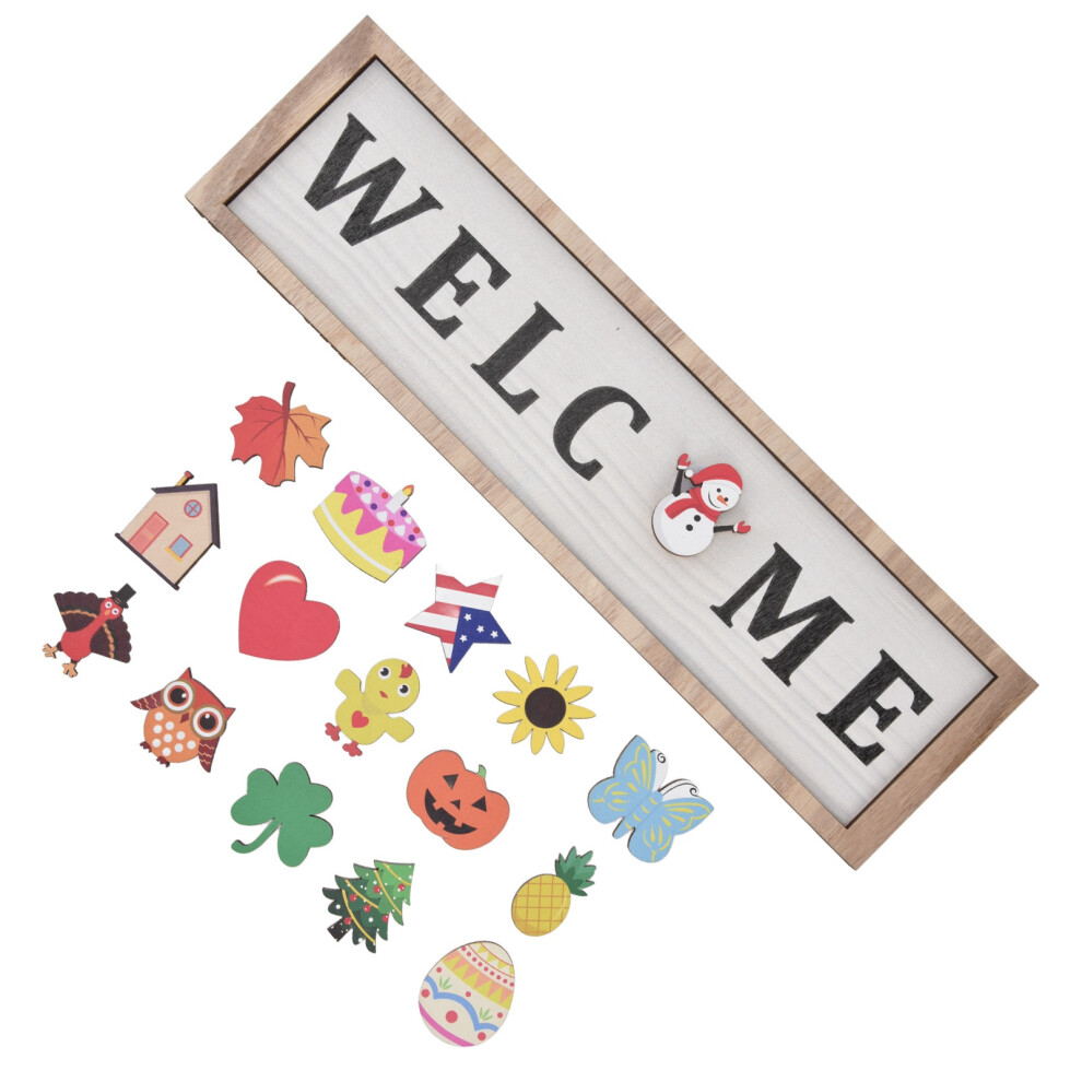 Rustic Wooden Door Sign with 16 Interchangeable Icons for Farmhouse & Home Decor