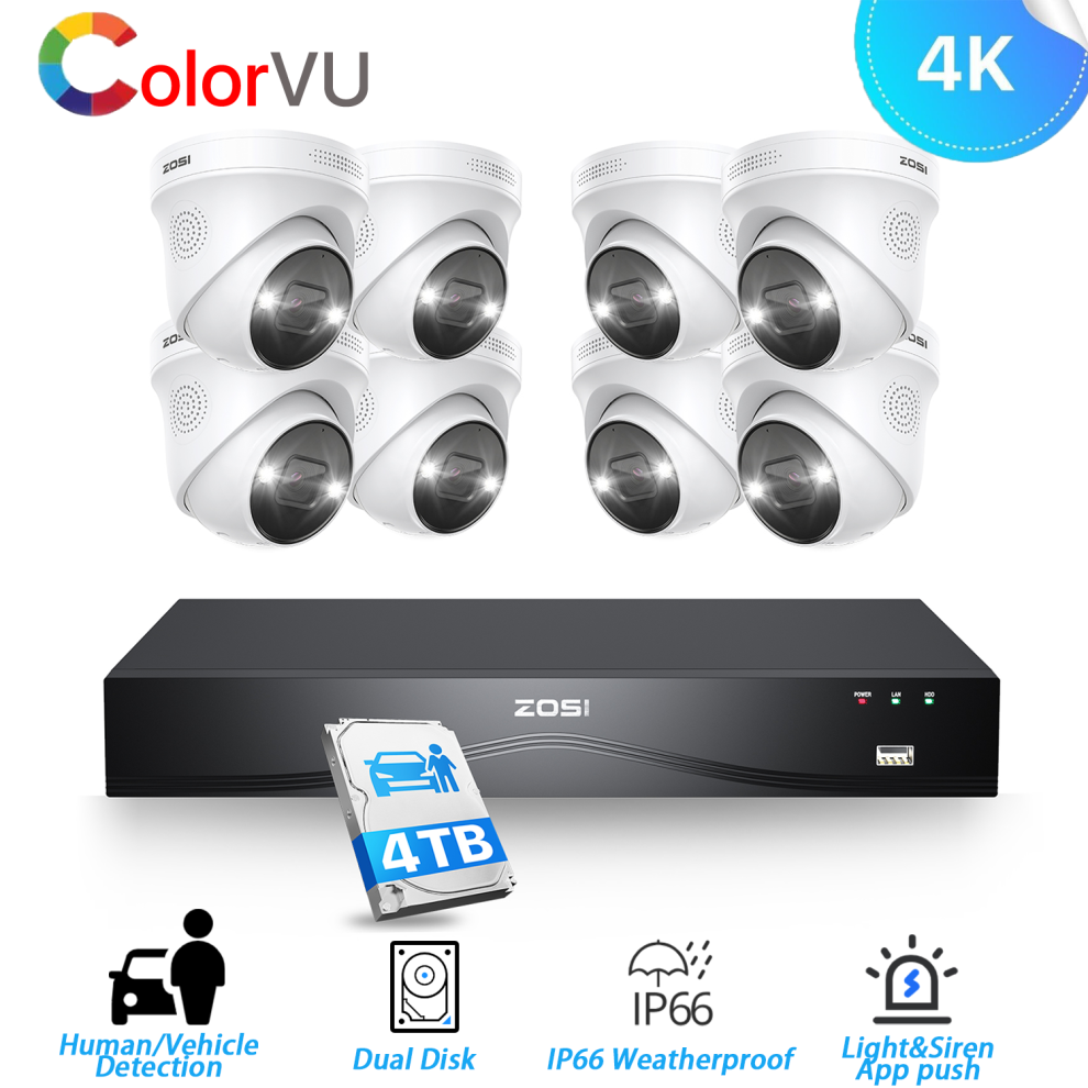 ZOSI 16CH POE CCTV Dome 8pcs Camera System 4TB HDD AI Detection