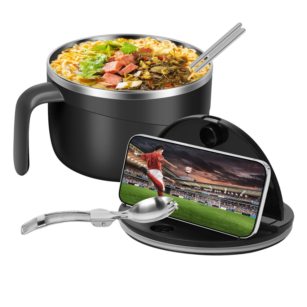 Ramen Bowl with Lid 1200ml Instant Ramen Bowl with Chopsticks and Phone Holder Black Filterable Design