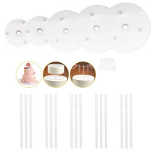 Cake Supports for Multi-Tier Cakes - White 5 Cake Stands with 15 Plastic Dowel Rods for Wedding Birthday Party Use