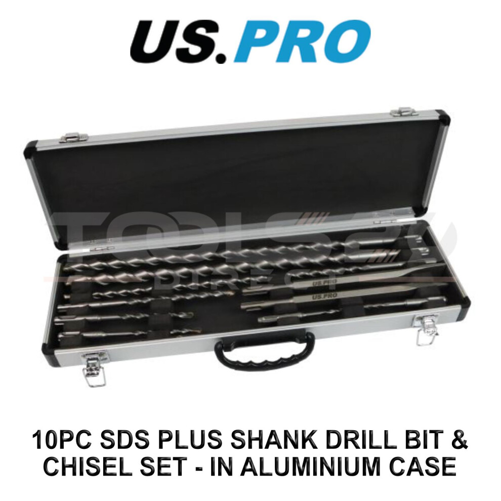 US PRO Tools 10pc Sds Plus Shank Plus Bit & Chisel Set - in Aluminium Case 7211