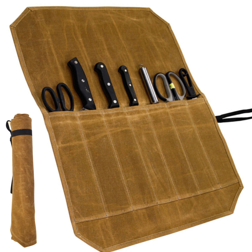 Chef's Knife Roll Bag Waterproof 7 Slot Waxed Canvas Cutlery Tool Case Portable Khaki For Professional Chefs 6493810645761