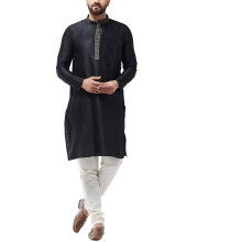 Sojanya (Since 1958) Herren-Pyjama-Set aus Seidenmischung, schwarz, Kurta und cremefarbenem Churidar, Grφίe: 38