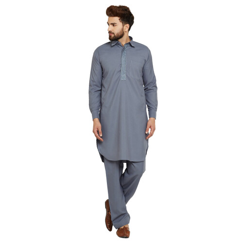 Sojanya (Από το 1958 Ανδρικό γκρι βαμβακερό μείγμα Pathani Kurta & Salwar Μέγεθος σετ: M