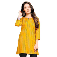 Shiv Textiles Rayon-Stoff, bedruckt, Rundhalsausschnitt, kurze Kurtis fόr Damen, Top-Kleider, Kurti fόr Mδdchen und Damen, Kurtis  (Gelb_Groί)