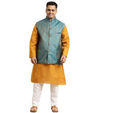 Sojanya (dal 1958) Kurta Chikankari da uomo in puro cotone color senape e giacca Nehru blu verde acqua con pigiama Churidar bianco, taglia 3XL
