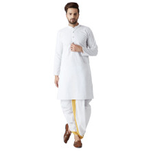 Σετ Kurta Dhoti για άνδρες από λευκό βαμβάκι Sojanya (από το 1958). Μέγεθος: XXL