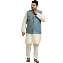 Sojanya (dal 1958) Kurta in misto seta color crema da uomo e giacca Nehru blu pavone con pigiama Churidar bianco sporco, taglia 6XL