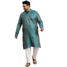 Kurta larga Sojanya Plus (desde 1958) de seda jacquard para hombre, solo azul verdoso y dorado - Talla: 48