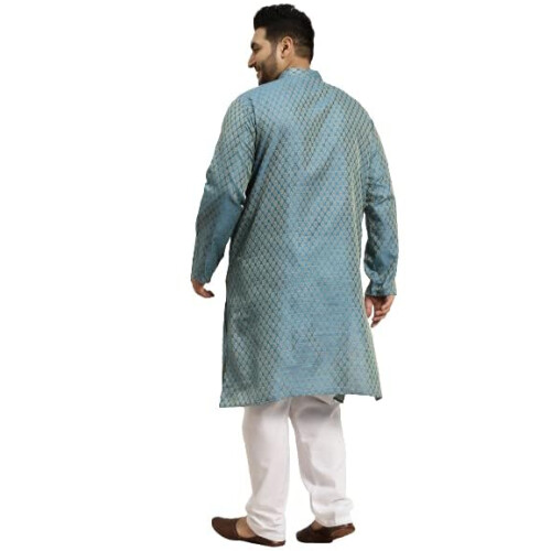 Sojanya Plus (Από το 1958) Ανδρικό Jacquard Silk Peacock Blue Self Design Μακρύ Κούρτα - Μέγεθος: 52 2