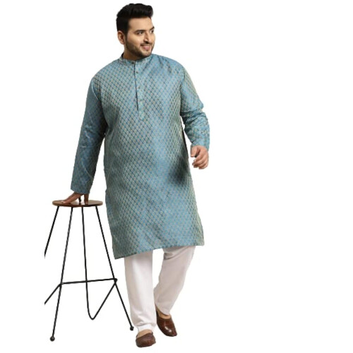 Sojanya Plus (Από το 1958) Ανδρικό Jacquard Silk Peacock Blue Self Design Μακρύ Κούρτα - Μέγεθος: 52